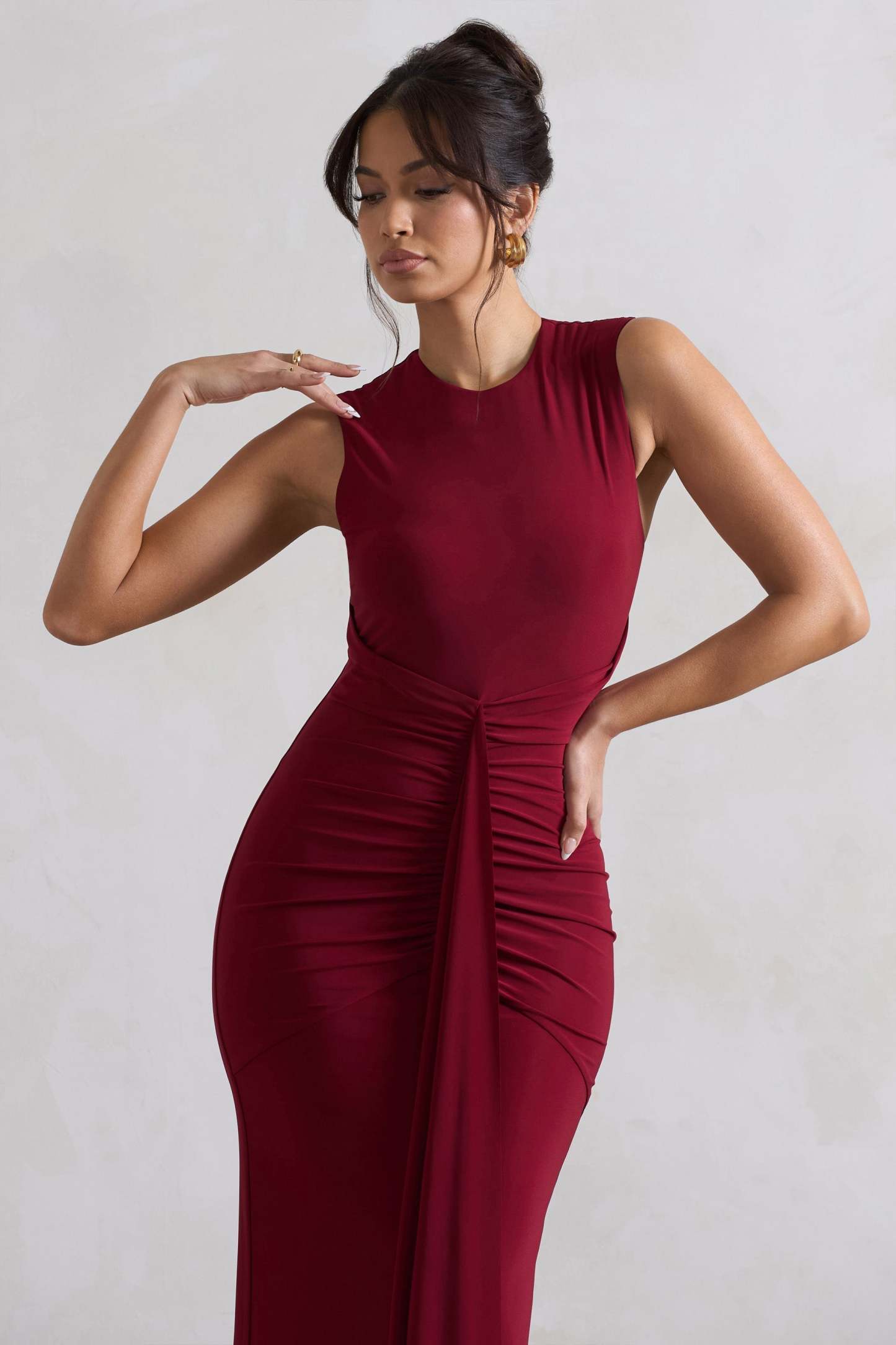 Alexa Berry High-Neck Gathered Maxi Dress With Drape-Fashionmomo.All Rights Reserved