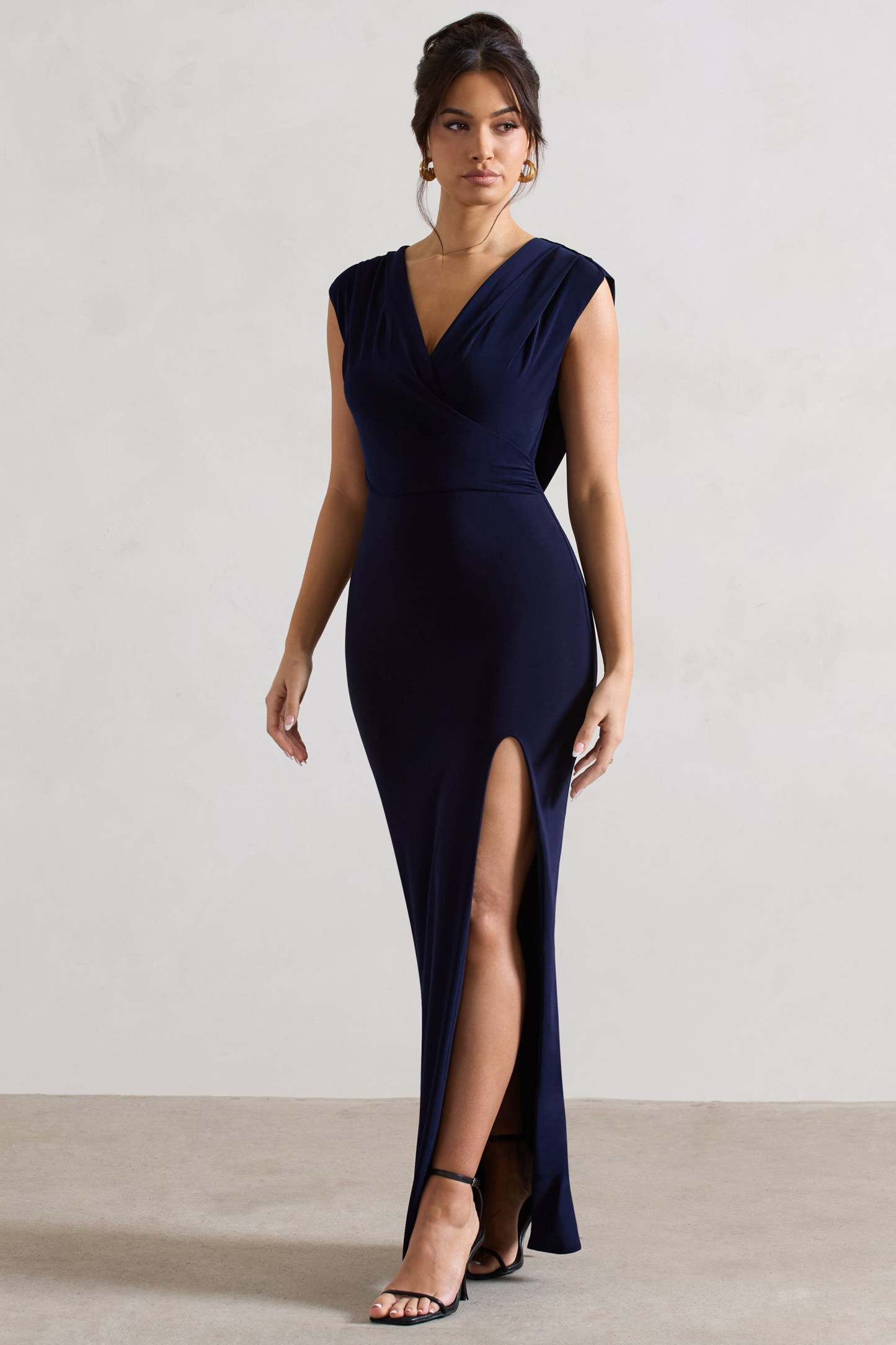 Honour Navy V-Neck Split Maxi Dress With Cowl-Back-Fashionmomo.All Rights Reserved