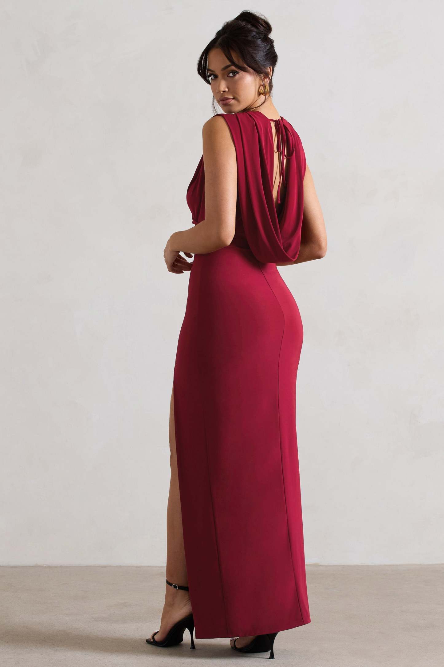 Honour Berry V-Neck Split Maxi Dress With Cowl-Back-Fashionmomo.All Rights Reserved