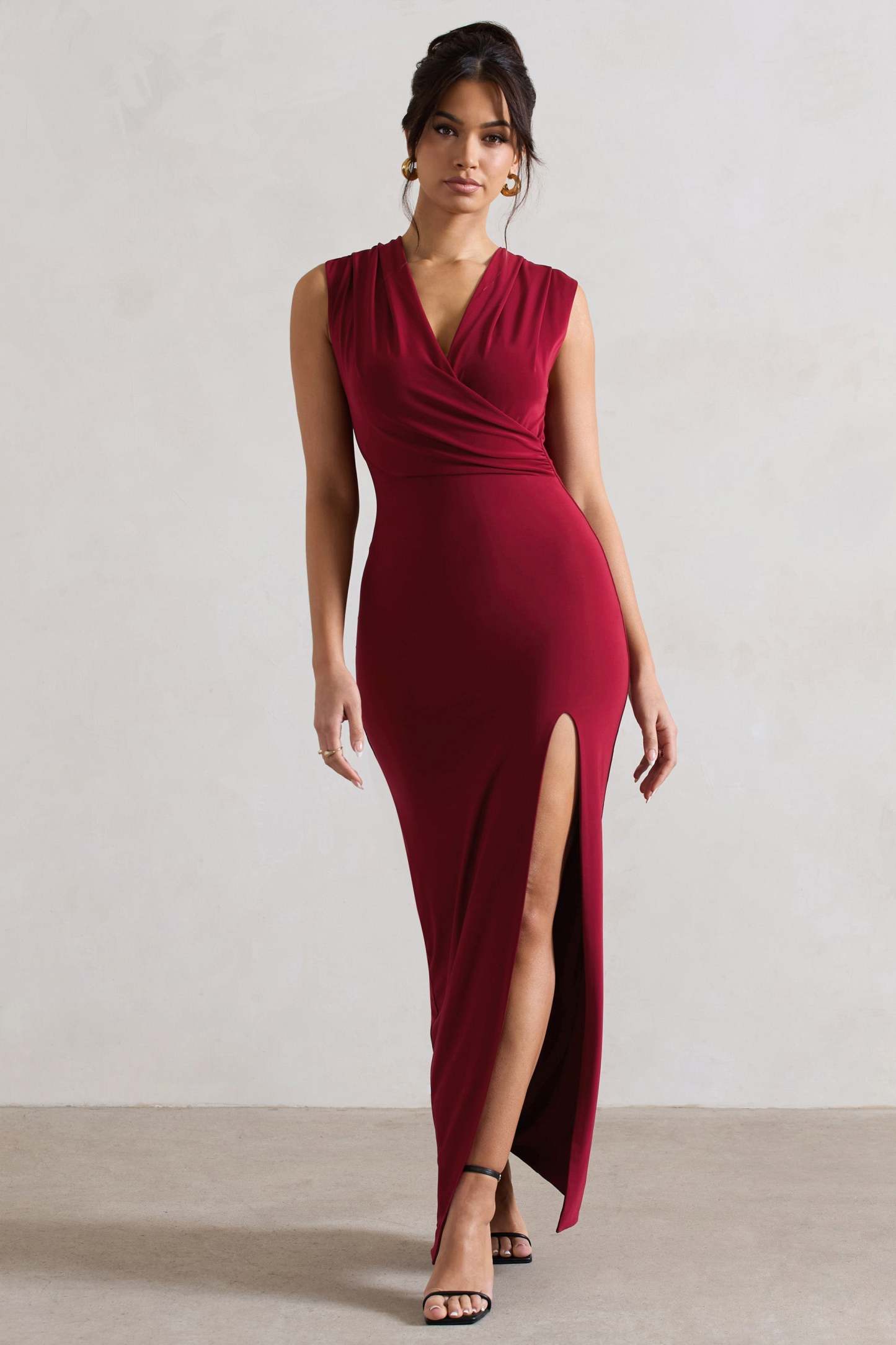 Honour Berry V-Neck Split Maxi Dress With Cowl-Back-Fashionmomo.All Rights Reserved