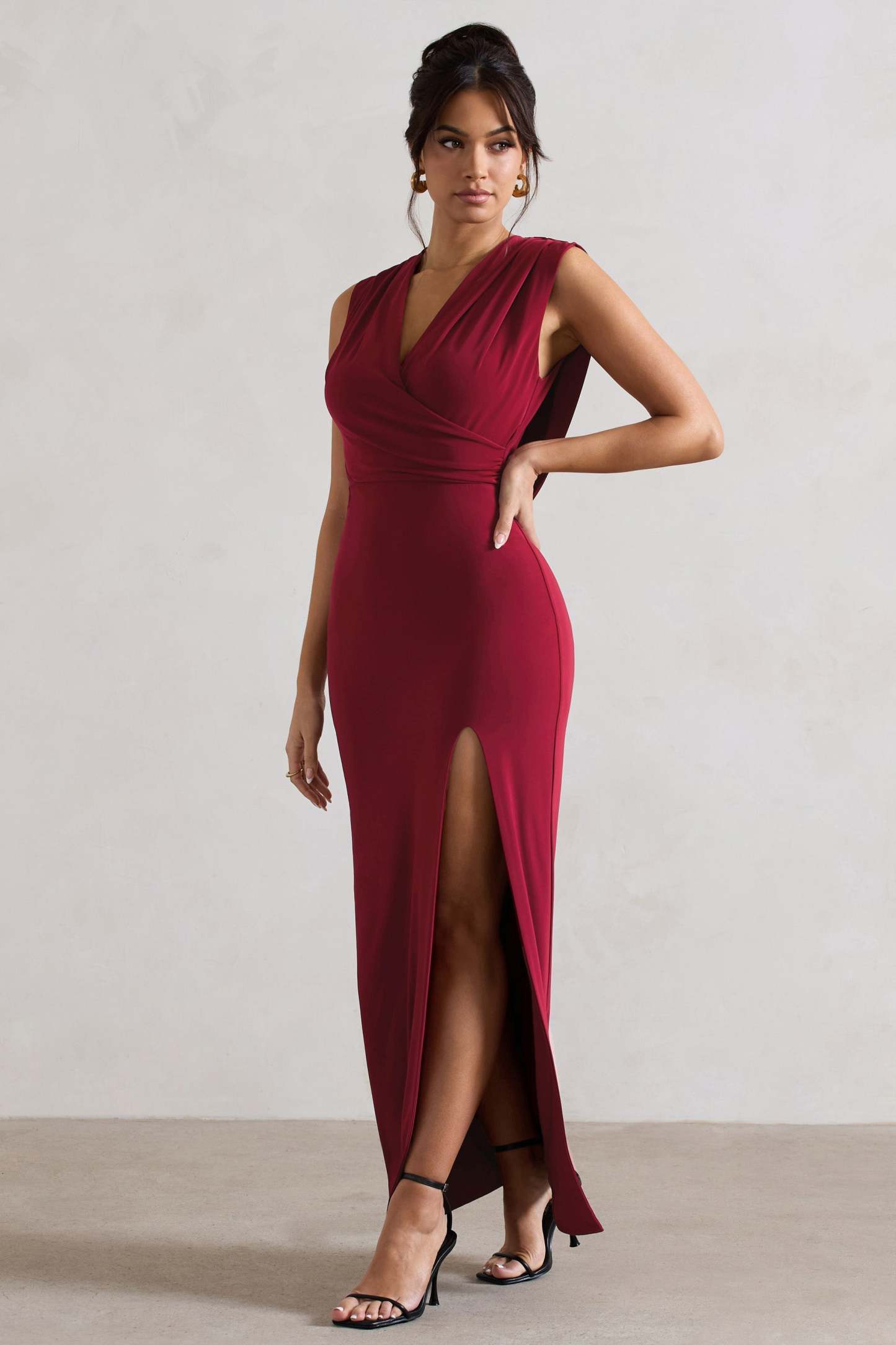 Honour Berry V-Neck Split Maxi Dress With Cowl-Back-Fashionmomo.All Rights Reserved