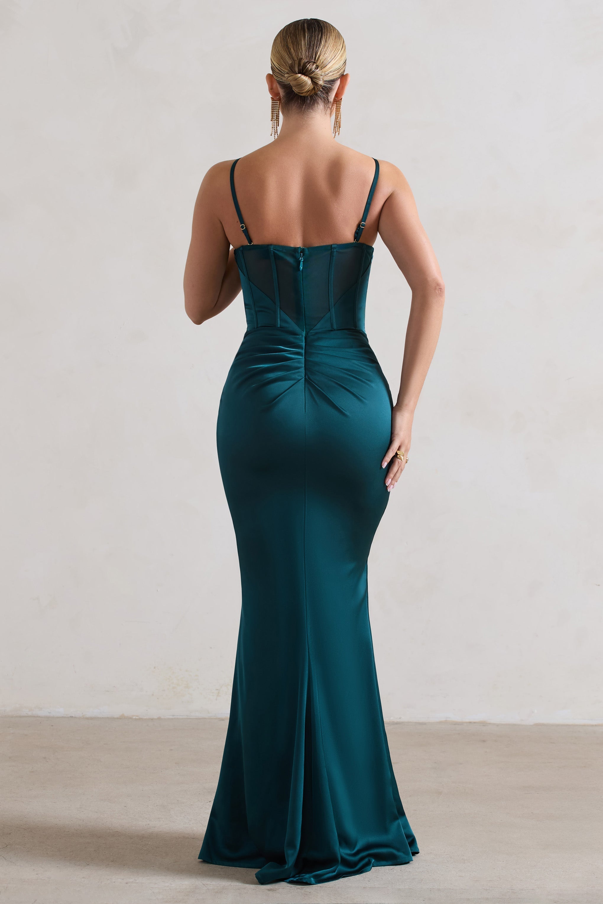 Ardelle Dark Green Satin Corseted Wrap Maxi Dress-Fashionmomo.All Rights Reserved