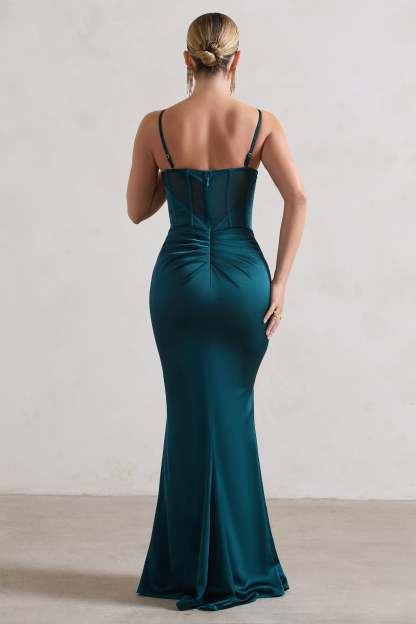 Ardelle Dark Green Satin Corseted Wrap Maxi Dress-Fashionmomo.All Rights Reserved
