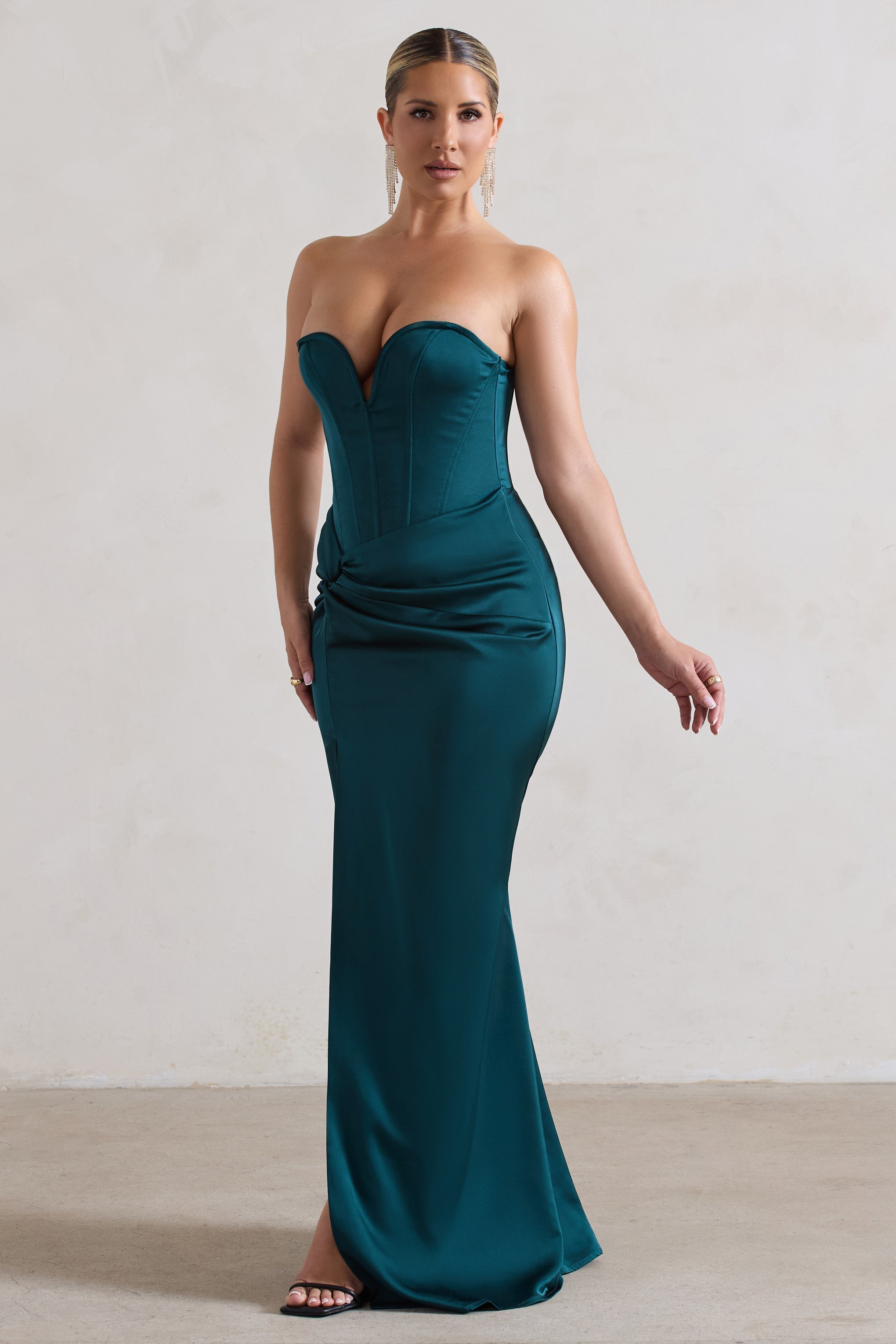 Ardelle Dark Green Satin Corseted Wrap Maxi Dress-Fashionmomo.All Rights Reserved