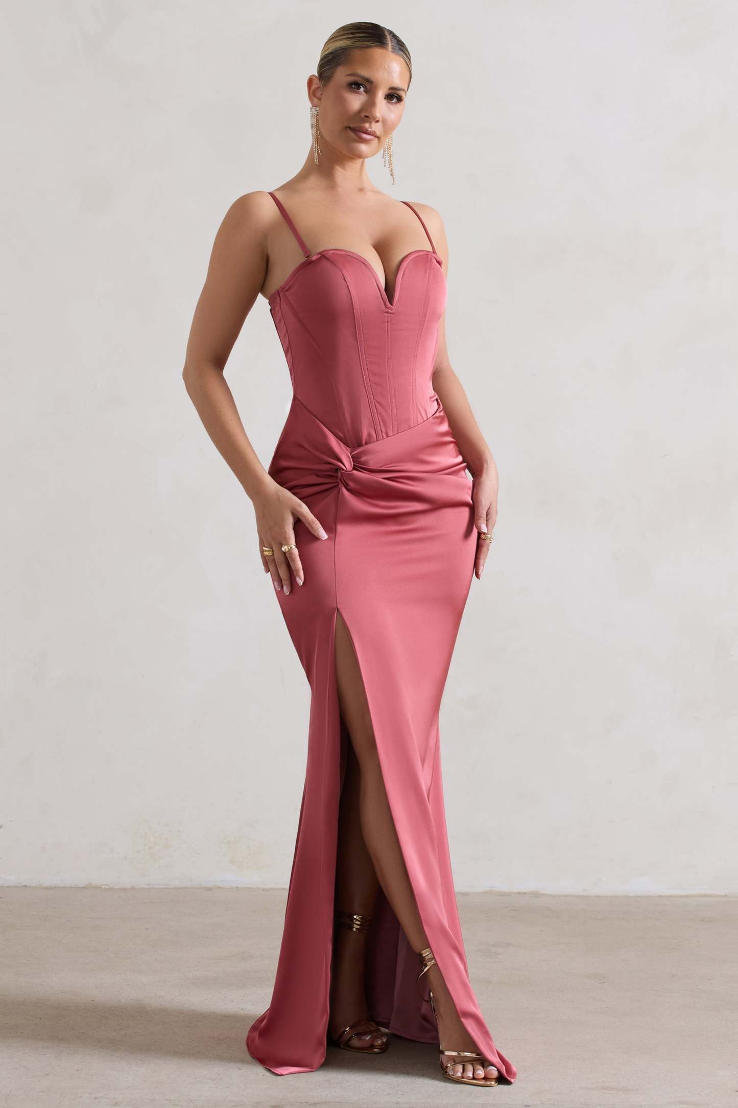 Ardelle Rose Pink Satin Corseted Wrap Maxi Dress-Fashionmomo.All Rights Reserved