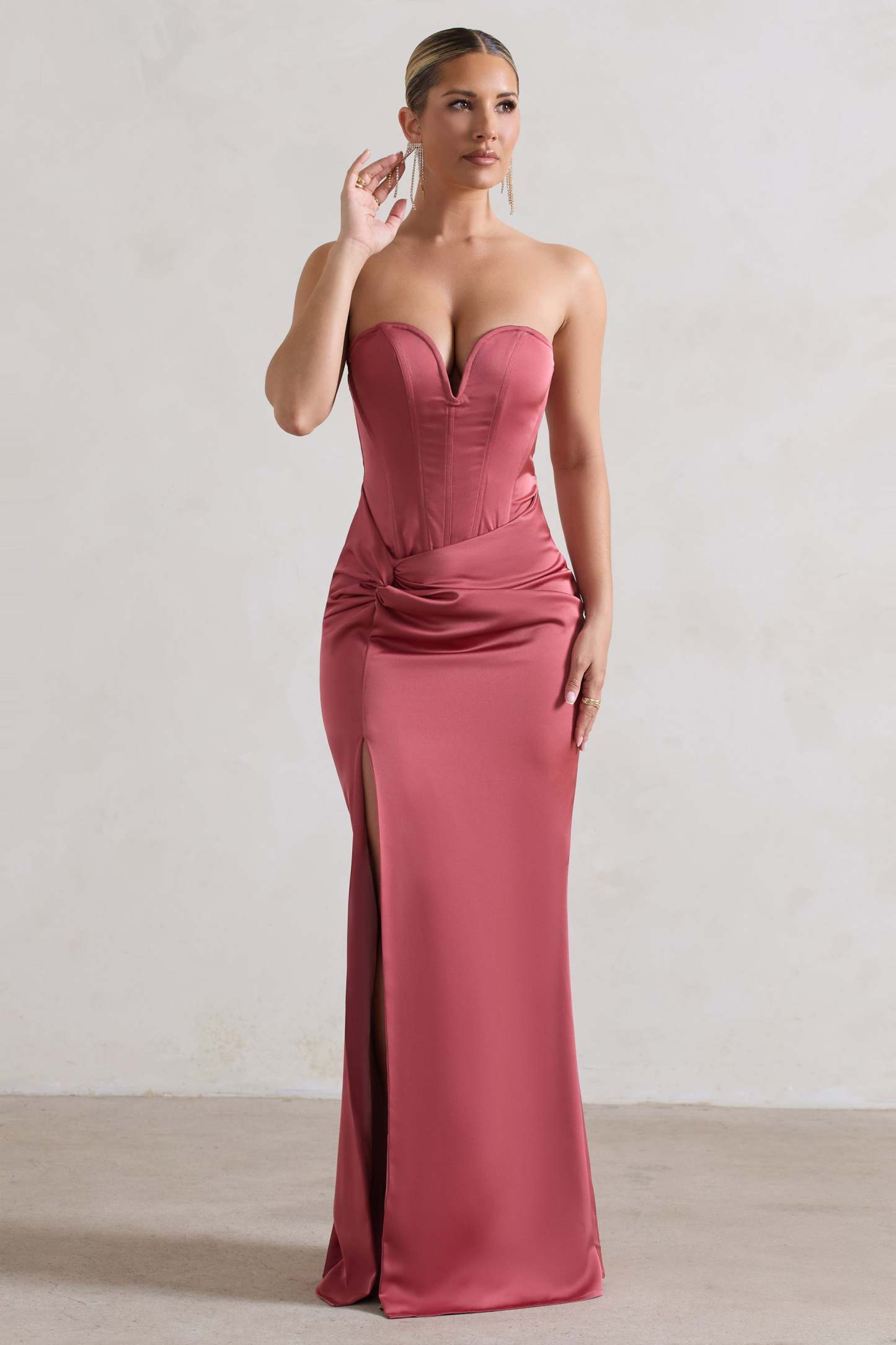 Ardelle Rose Pink Satin Corseted Wrap Maxi Dress-Fashionmomo.All Rights Reserved