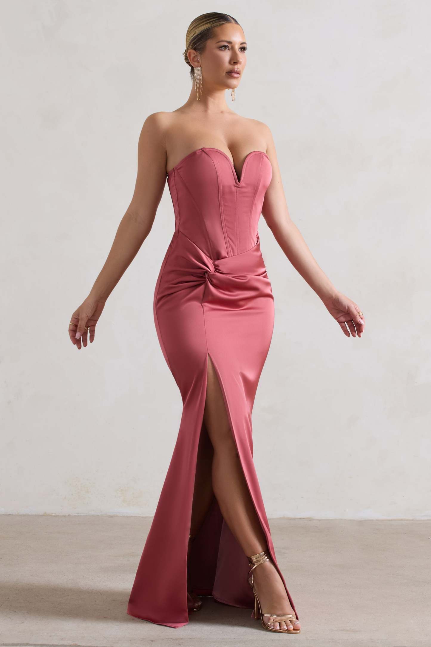 Ardelle Rose Pink Satin Corseted Wrap Maxi Dress-Fashionmomo.All Rights Reserved
