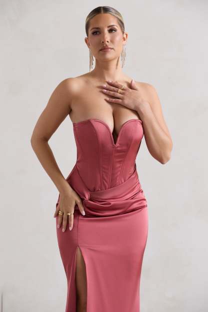 Ardelle Rose Pink Satin Corseted Wrap Maxi Dress-Fashionmomo.All Rights Reserved