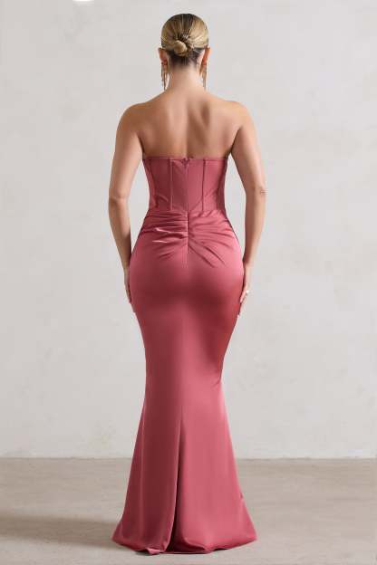 Ardelle Rose Pink Satin Corseted Wrap Maxi Dress-Fashionmomo.All Rights Reserved