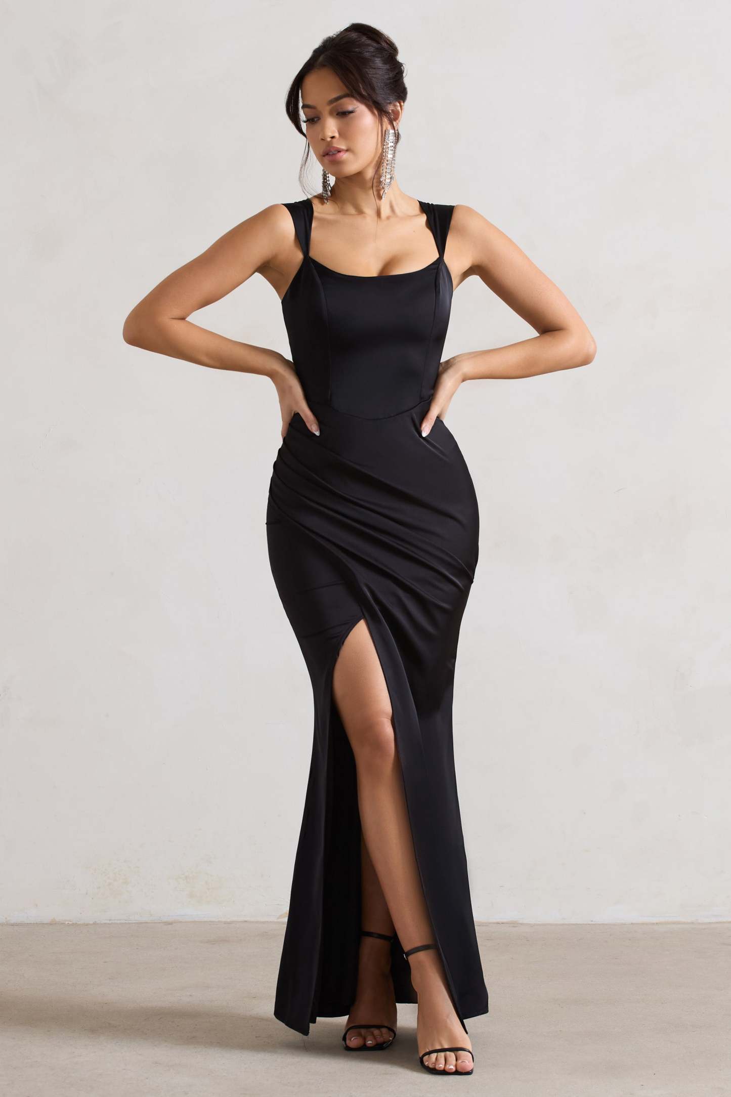 A Romantic Black Satin Corset Wrap Maxi Dress-Fashionmomo.All Rights Reserved