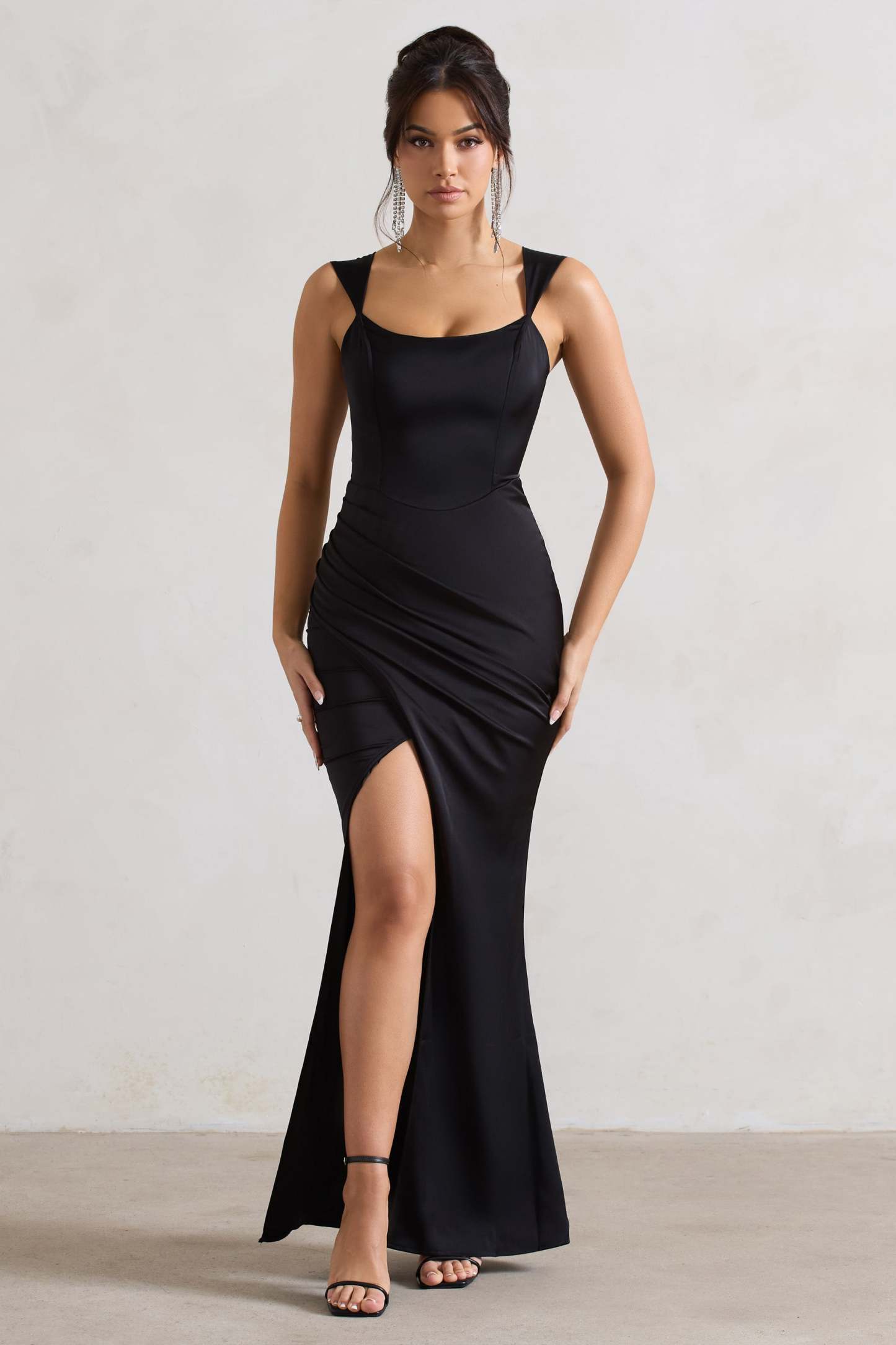 A Romantic Black Satin Corset Wrap Maxi Dress-Fashionmomo.All Rights Reserved