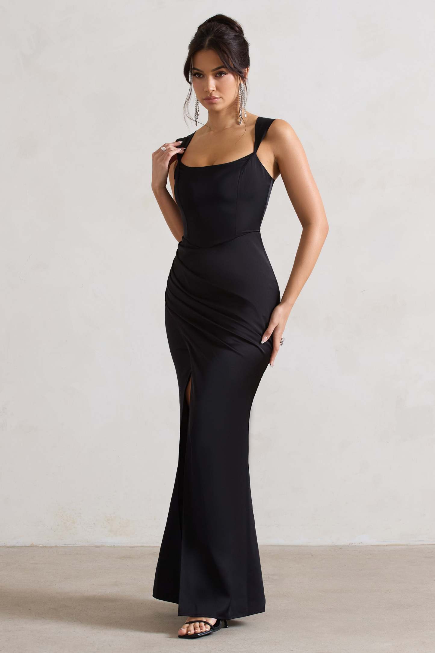 A Romantic Black Satin Corset Wrap Maxi Dress-Fashionmomo.All Rights Reserved