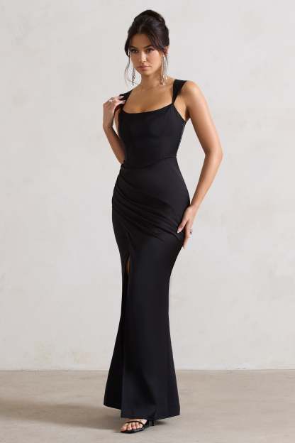 A Romantic Black Satin Corset Wrap Maxi Dress-Fashionmomo.All Rights Reserved