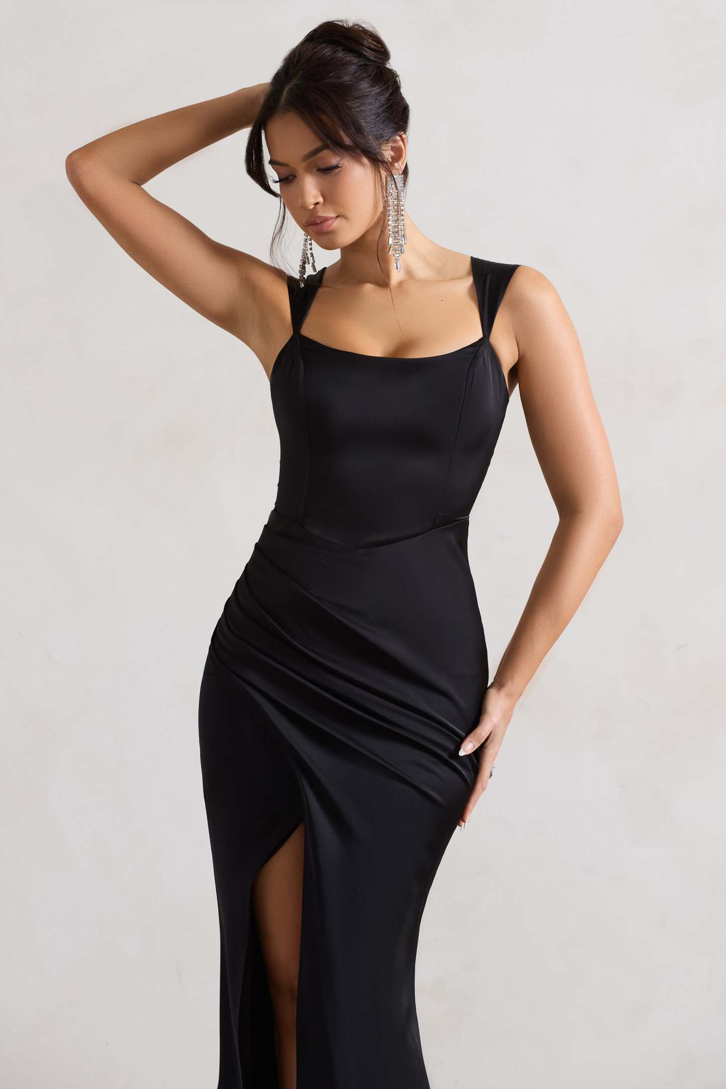 A Romantic Black Satin Corset Wrap Maxi Dress-Fashionmomo.All Rights Reserved