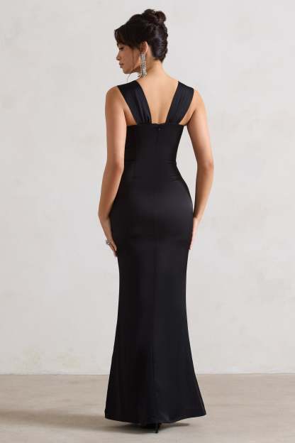 A Romantic Black Satin Corset Wrap Maxi Dress-Fashionmomo.All Rights Reserved