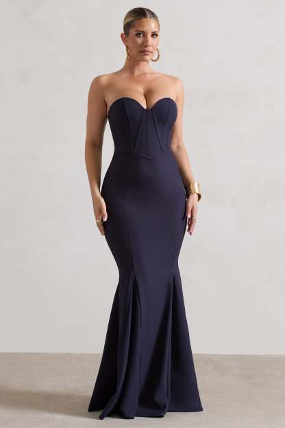 Idyllic Navy Strapless Corset Style Fishtail Maxi Dress-Fashionmomo.All Rights Reserved