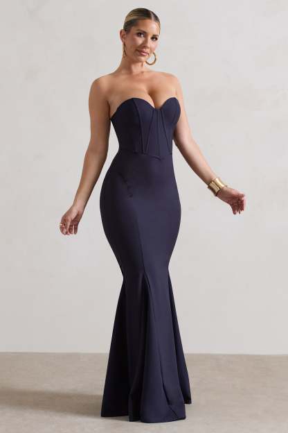 Idyllic Navy Strapless Corset Style Fishtail Maxi Dress-Fashionmomo.All Rights Reserved