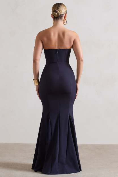 Idyllic Navy Strapless Corset Style Fishtail Maxi Dress-Fashionmomo.All Rights Reserved