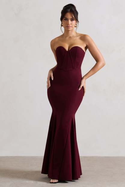 Idyllic Burgundy Strapless Corset Style Fishtail Maxi Dress-Fashionmomo.All Rights Reserved