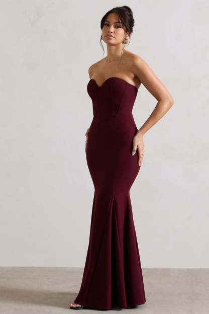 Idyllic Burgundy Strapless Corset Style Fishtail Maxi Dress-Fashionmomo.All Rights Reserved