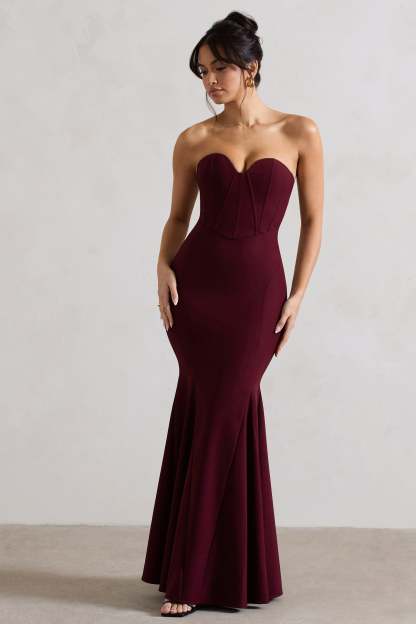 Idyllic Burgundy Strapless Corset Style Fishtail Maxi Dress-Fashionmomo.All Rights Reserved