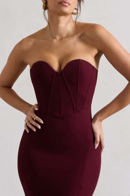 Idyllic Burgundy Strapless Corset Style Fishtail Maxi Dress-Fashionmomo.All Rights Reserved