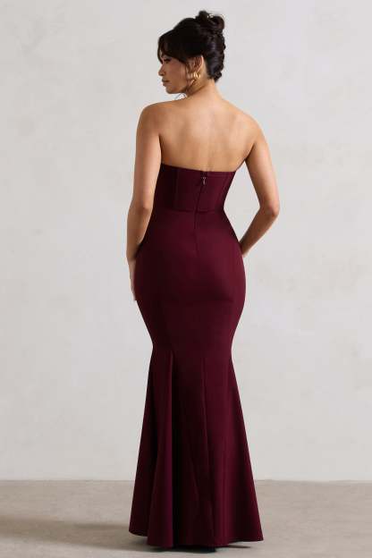 Idyllic Burgundy Strapless Corset Style Fishtail Maxi Dress-Fashionmomo.All Rights Reserved