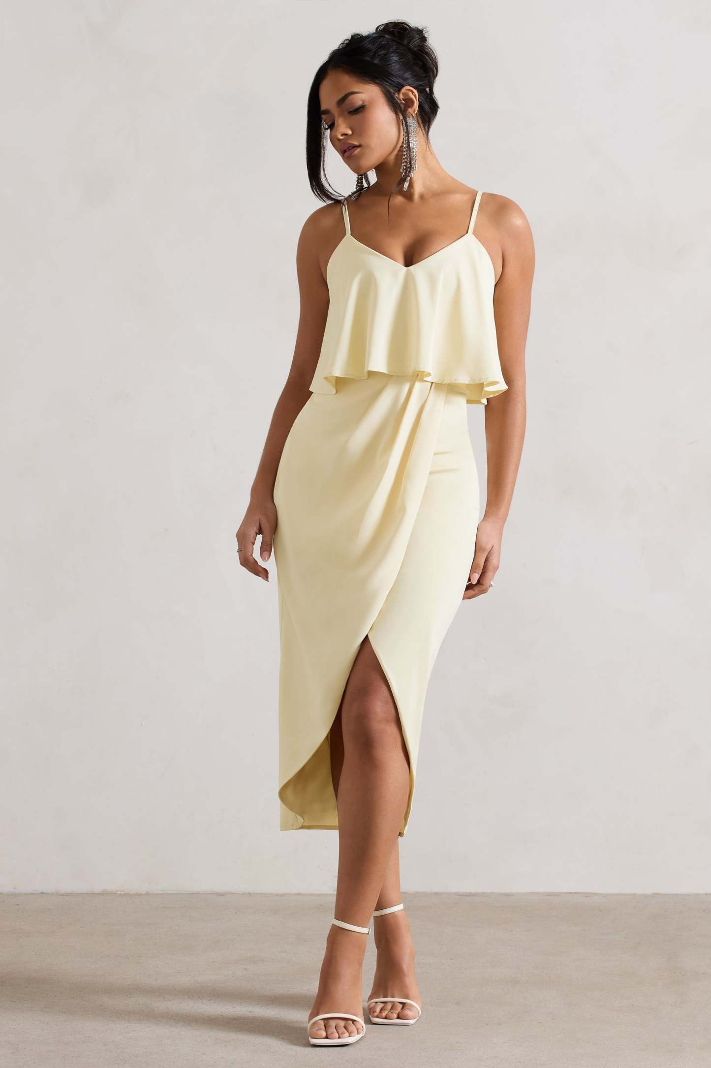 Faro Lemon Strappy Draped-Neck Wrap Midi Dress-Fashionmomo.All Rights Reserved