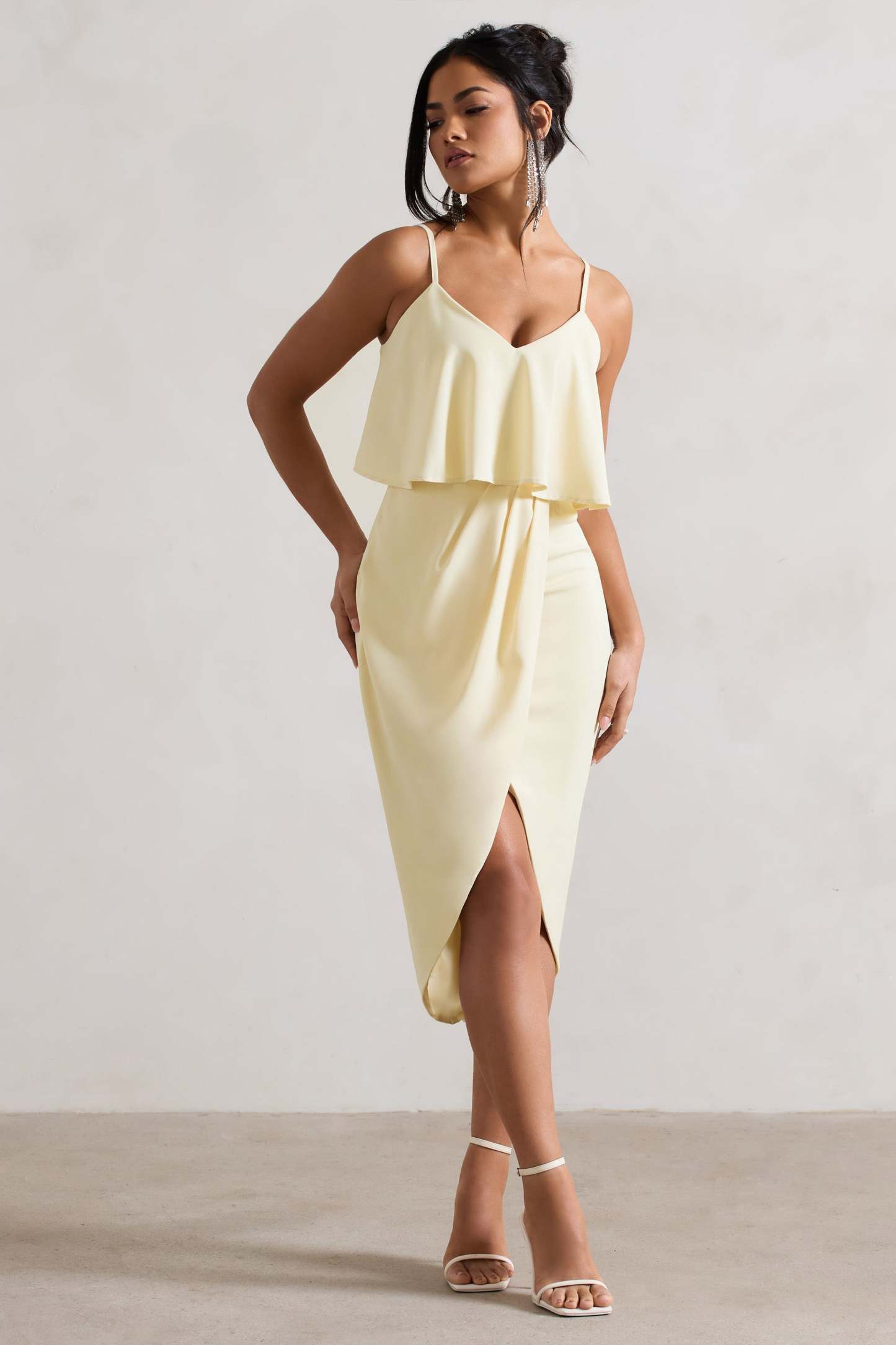 Faro Lemon Strappy Draped-Neck Wrap Midi Dress-Fashionmomo.All Rights Reserved
