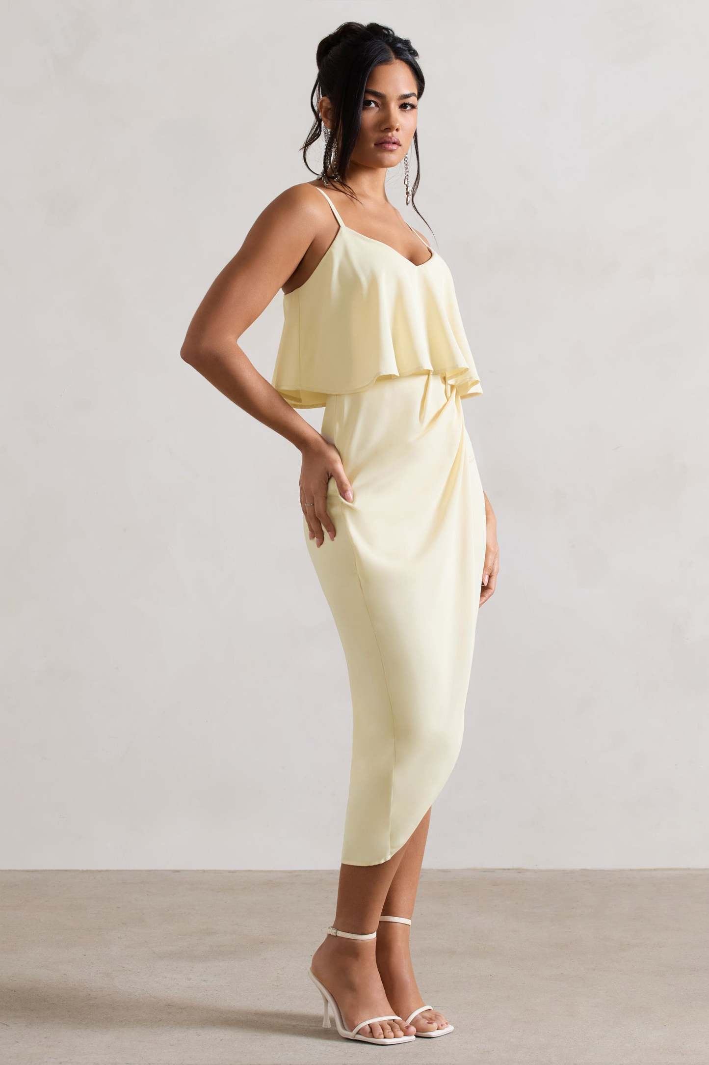 Faro Lemon Strappy Draped-Neck Wrap Midi Dress-Fashionmomo.All Rights Reserved