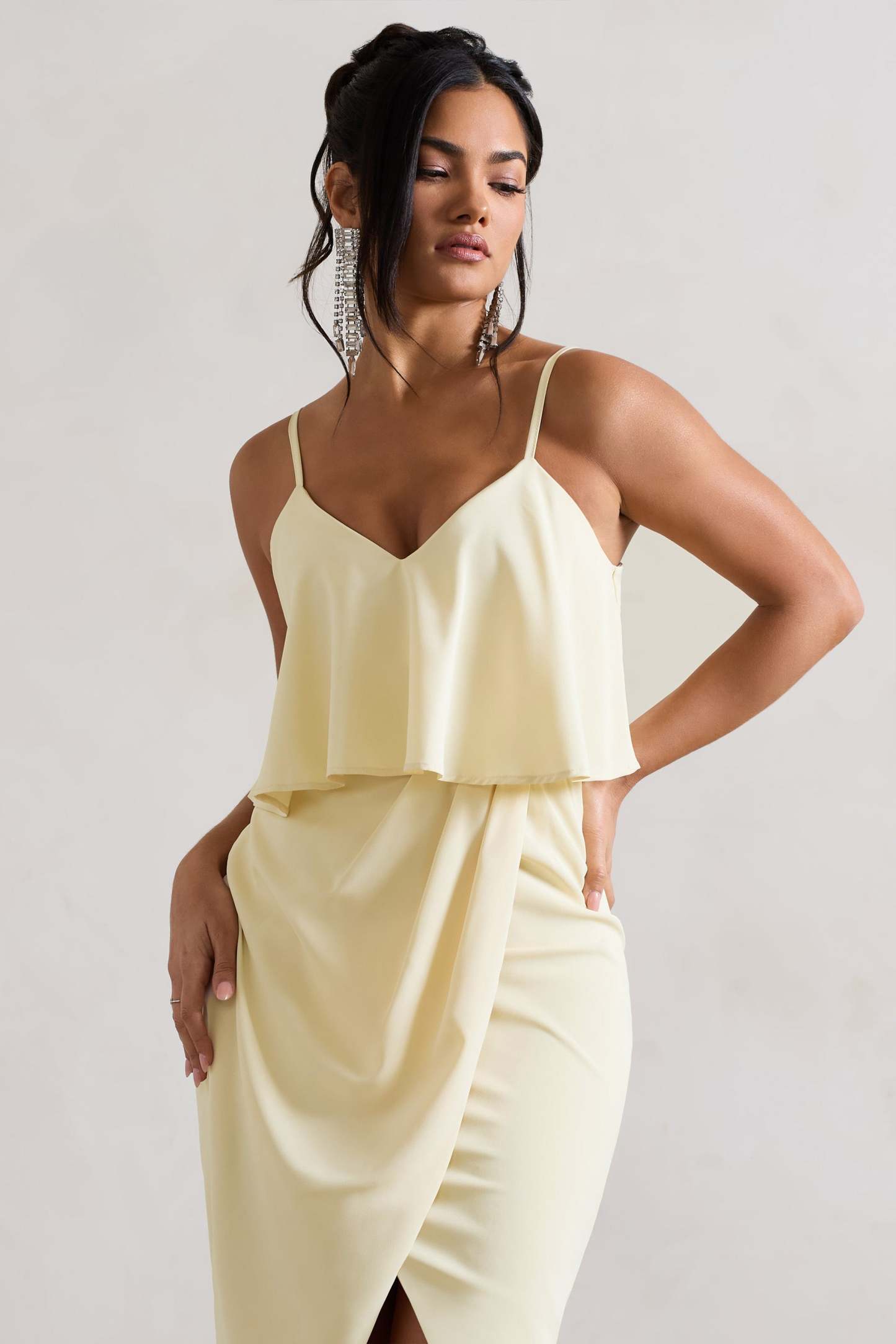 Faro Lemon Strappy Draped-Neck Wrap Midi Dress-Fashionmomo.All Rights Reserved
