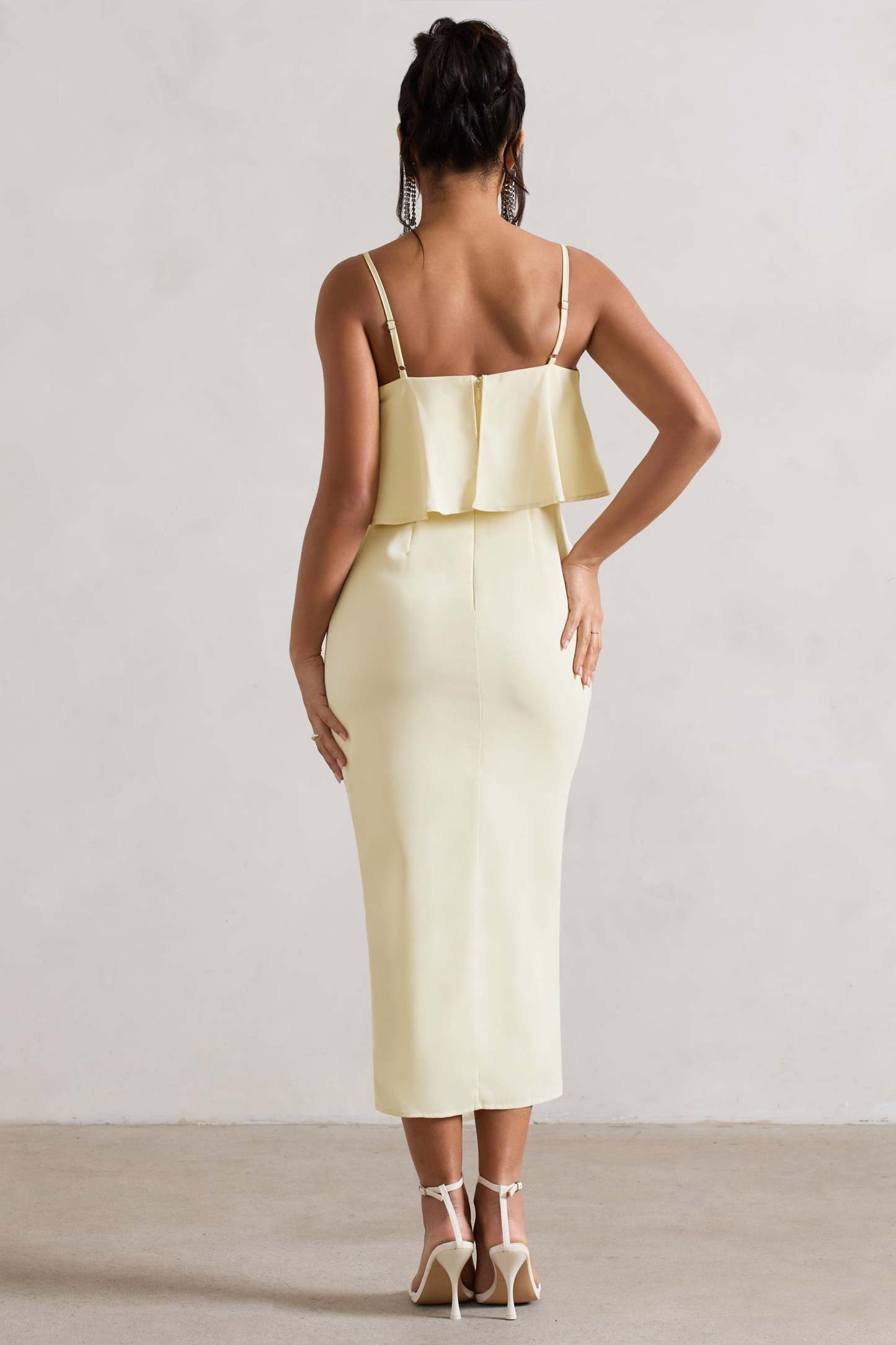 Faro Lemon Strappy Draped-Neck Wrap Midi Dress-Fashionmomo.All Rights Reserved