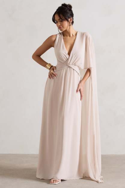 Fairytale Champagne Plunge-Neck Chiffon Maxi Dress With Cape Sleeve-Fashionmomo.All Rights Reserved