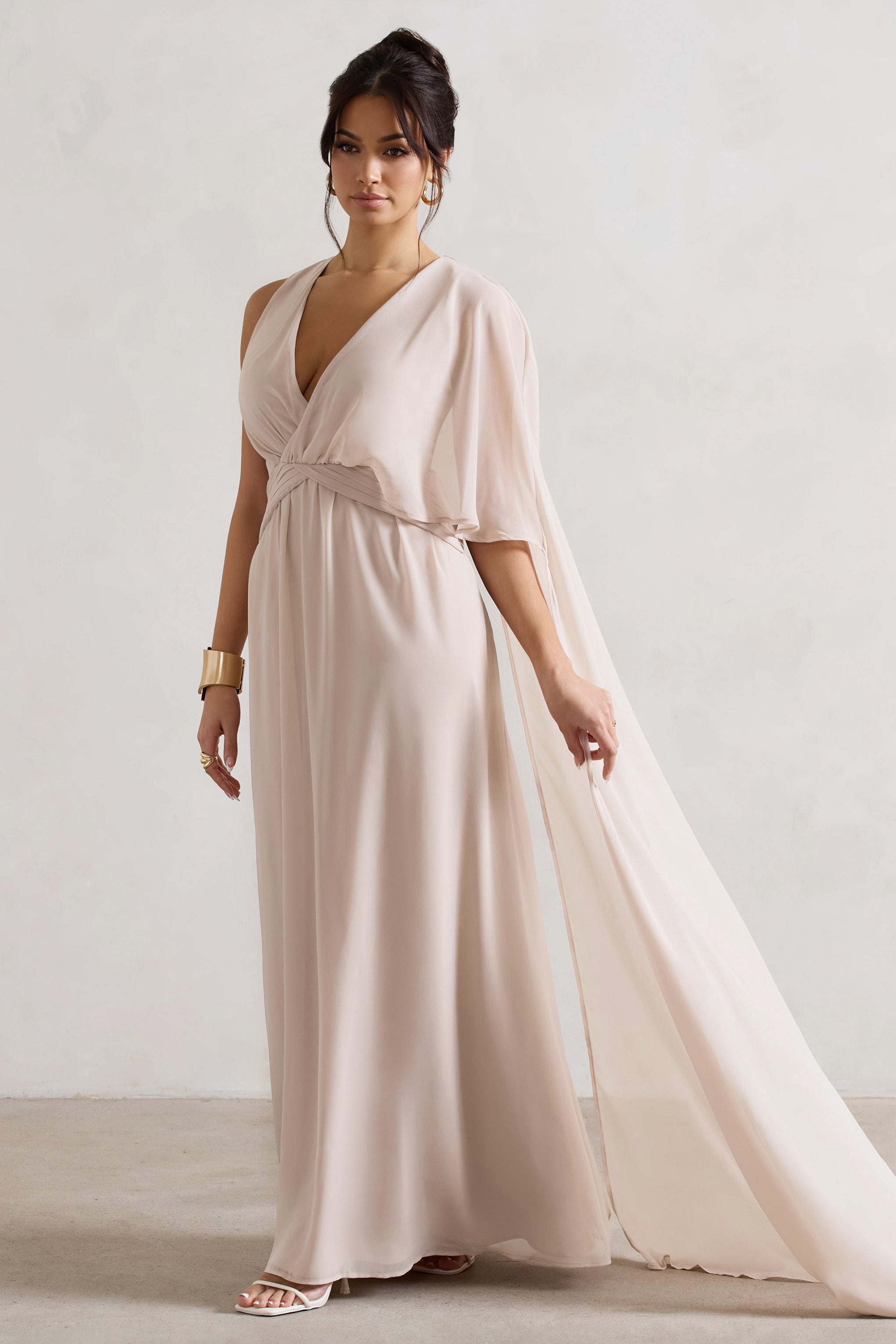 Fairytale Champagne Plunge-Neck Chiffon Maxi Dress With Cape Sleeve-Fashionmomo.All Rights Reserved