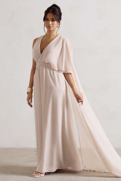 Fairytale Champagne Plunge-Neck Chiffon Maxi Dress With Cape Sleeve-Fashionmomo.All Rights Reserved