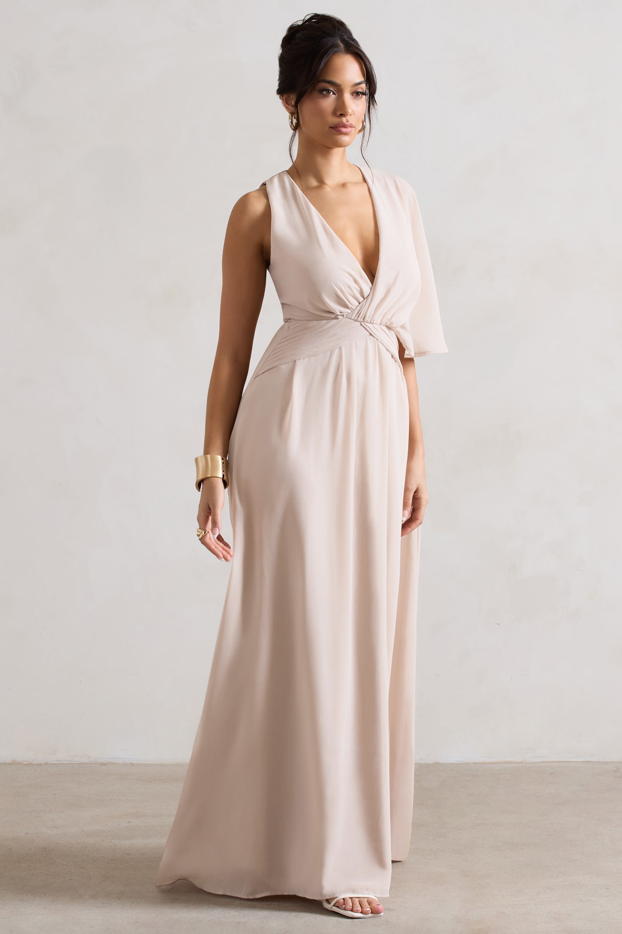 Fairytale Champagne Plunge-Neck Chiffon Maxi Dress With Cape Sleeve-Fashionmomo.All Rights Reserved