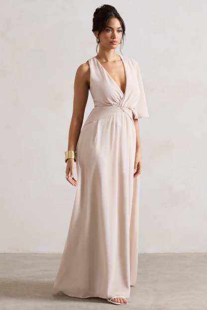 Fairytale Champagne Plunge-Neck Chiffon Maxi Dress With Cape Sleeve-Fashionmomo.All Rights Reserved