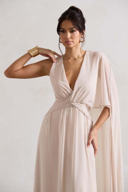 Fairytale Champagne Plunge-Neck Chiffon Maxi Dress With Cape Sleeve-Fashionmomo.All Rights Reserved