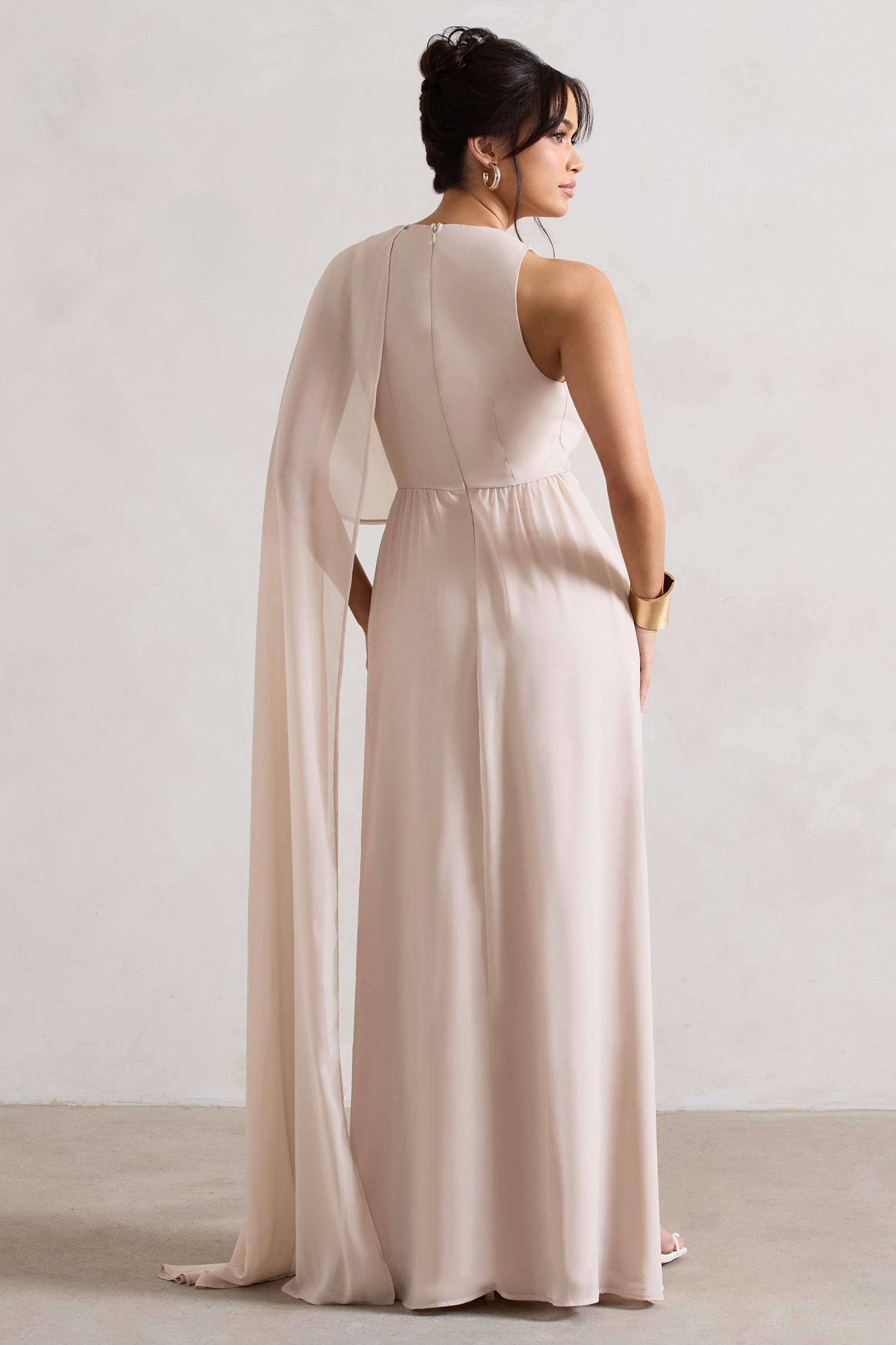 Fairytale Champagne Plunge-Neck Chiffon Maxi Dress With Cape Sleeve-Fashionmomo.All Rights Reserved