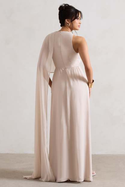 Fairytale Champagne Plunge-Neck Chiffon Maxi Dress With Cape Sleeve-Fashionmomo.All Rights Reserved