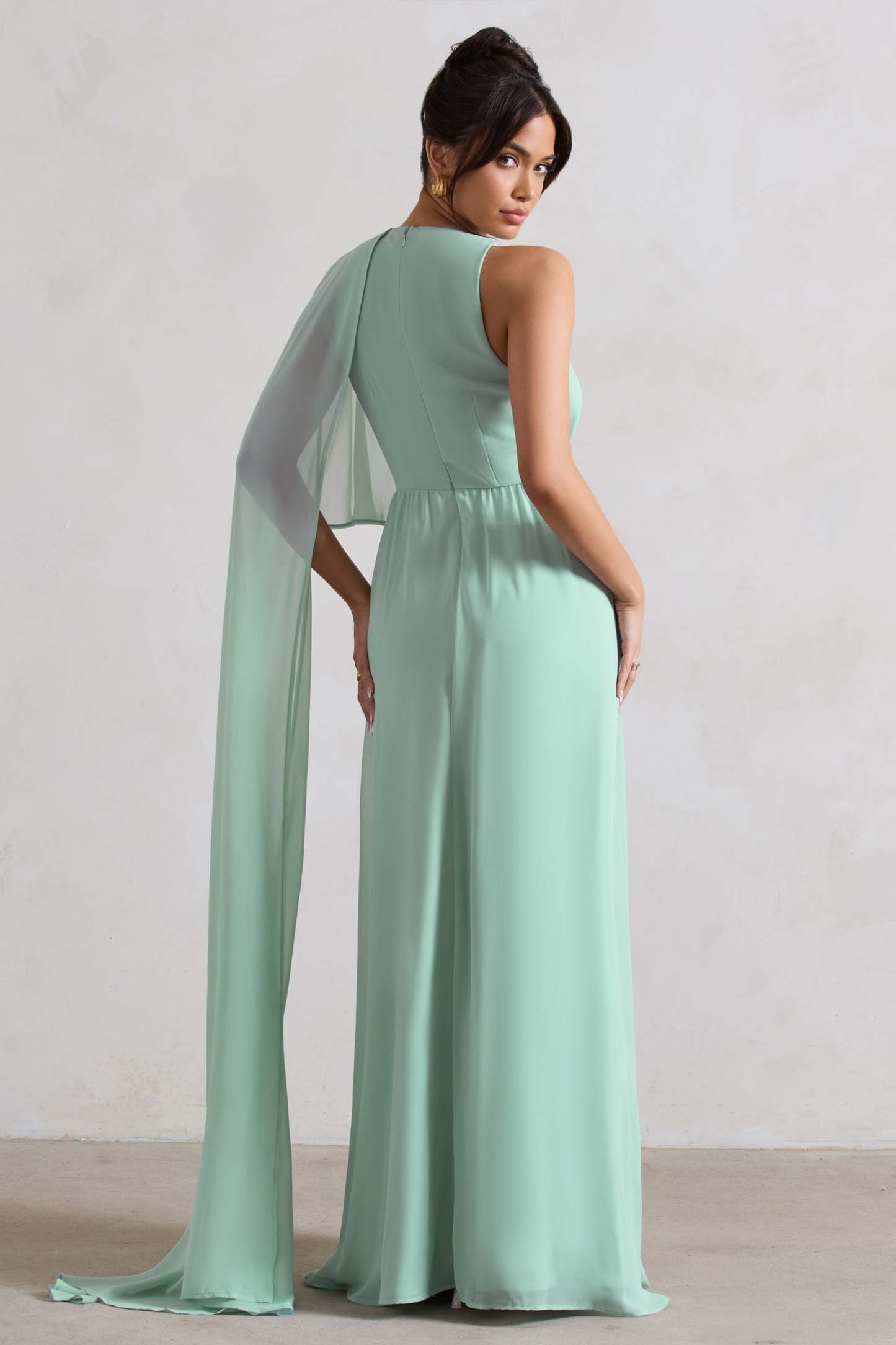 Fairytale Sage Plunge-Neck Chiffon Maxi Dress With Cape Sleeve-Fashionmomo.All Rights Reserved