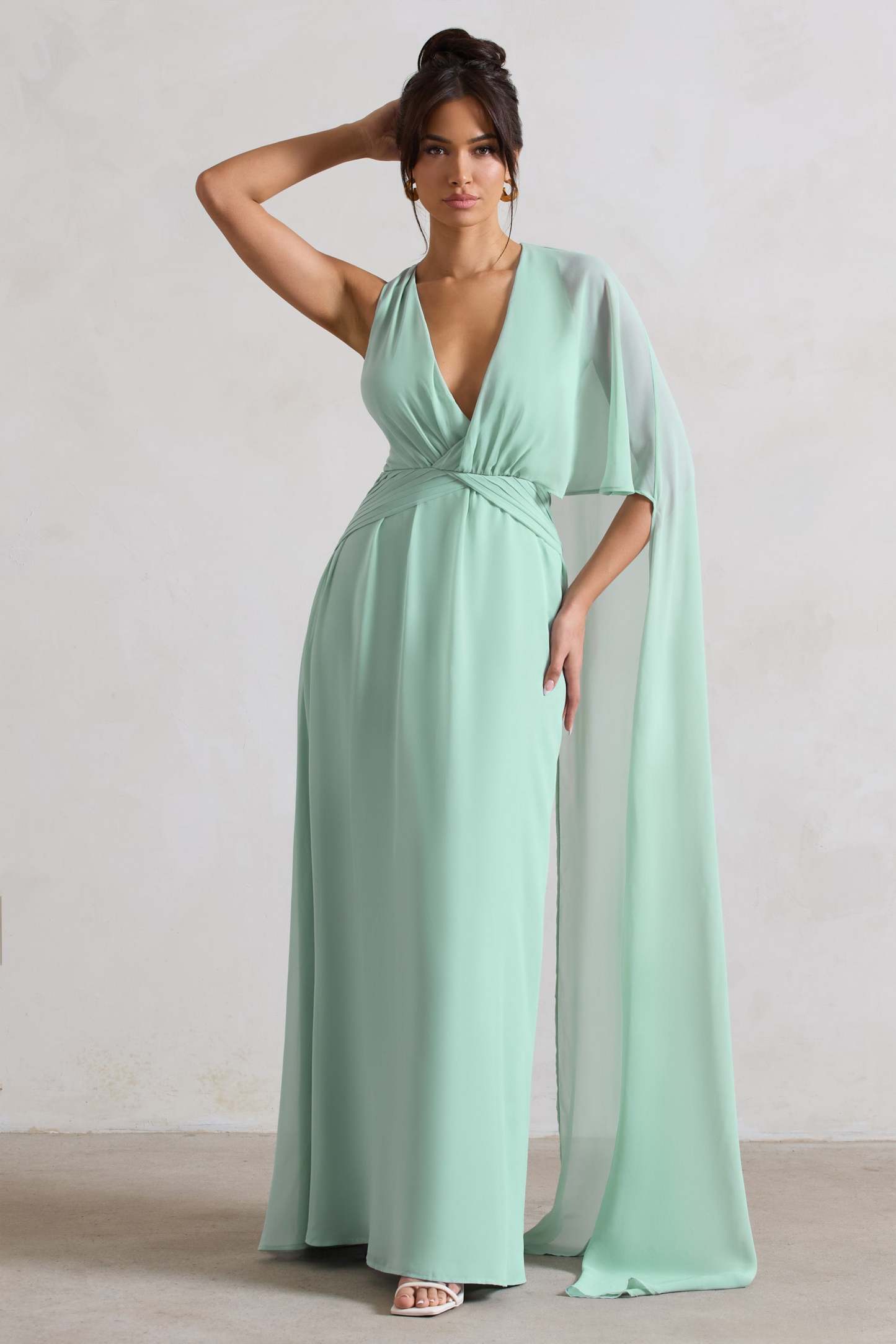 Fairytale Sage Plunge-Neck Chiffon Maxi Dress With Cape Sleeve-Fashionmomo.All Rights Reserved
