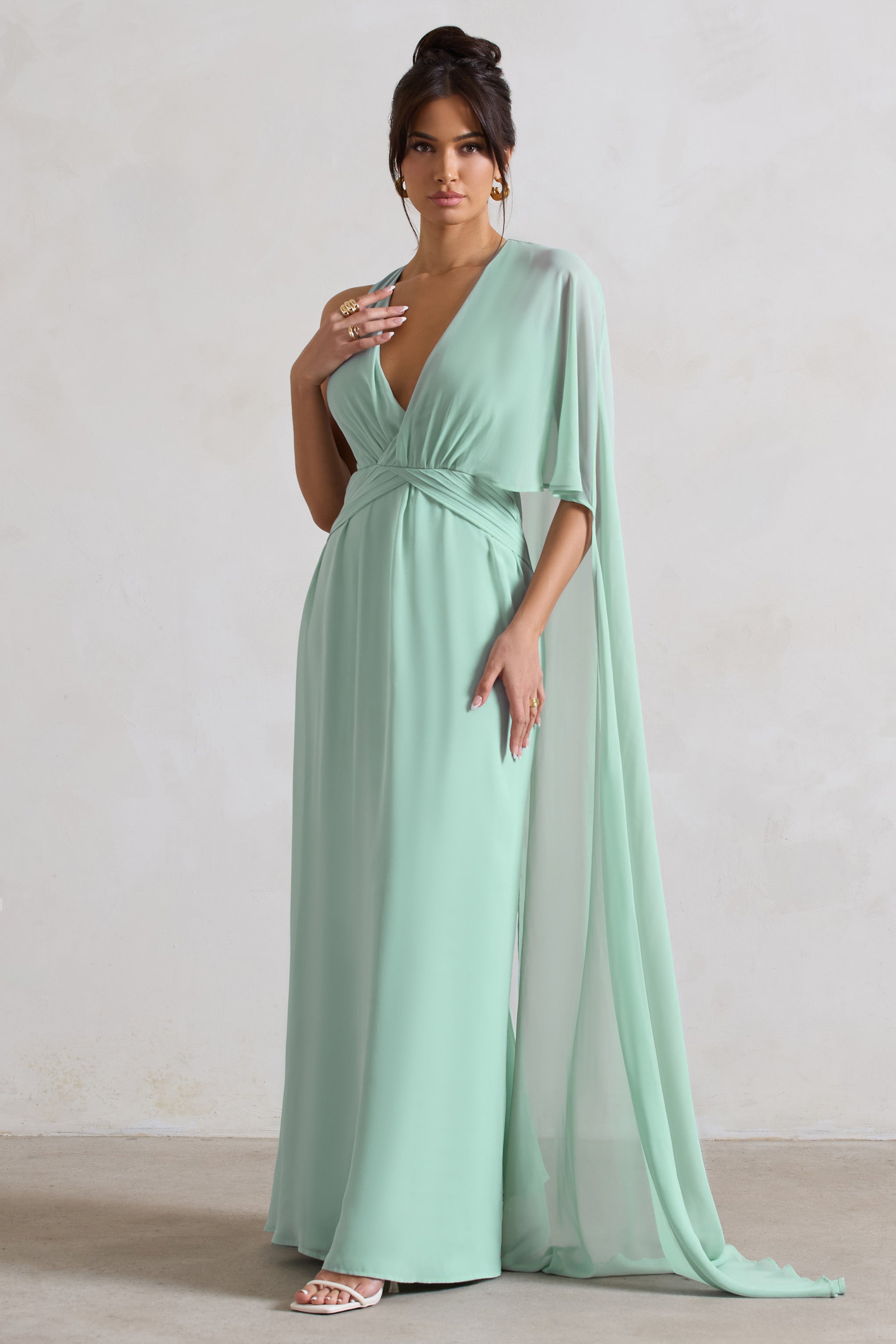 Fairytale Sage Plunge-Neck Chiffon Maxi Dress With Cape Sleeve-Fashionmomo.All Rights Reserved