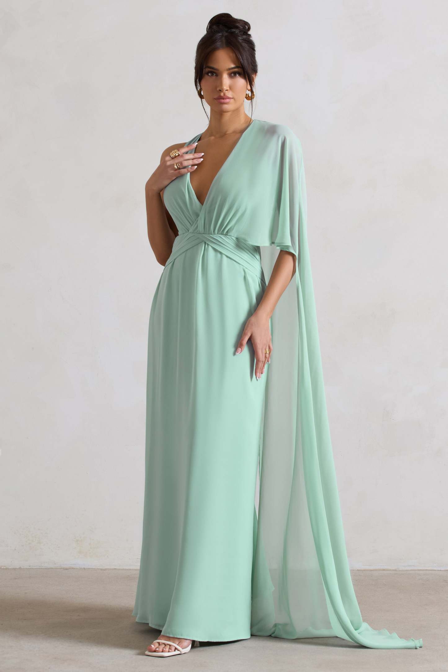 Fairytale Sage Plunge-Neck Chiffon Maxi Dress With Cape Sleeve-Fashionmomo.All Rights Reserved