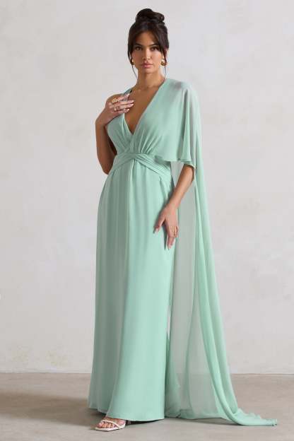 Fairytale Sage Plunge-Neck Chiffon Maxi Dress With Cape Sleeve-Fashionmomo.All Rights Reserved