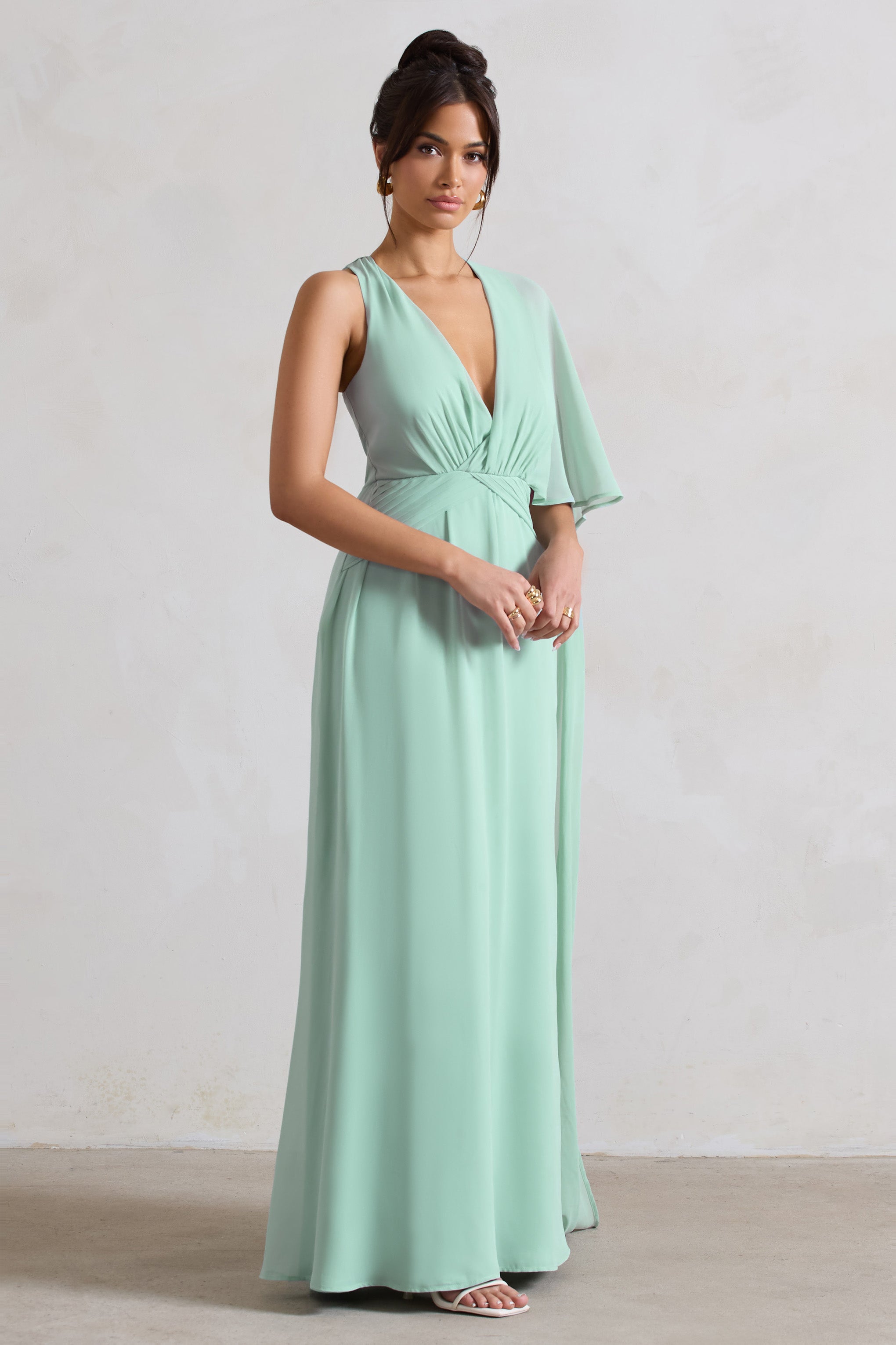 Fairytale Sage Plunge-Neck Chiffon Maxi Dress With Cape Sleeve-Fashionmomo.All Rights Reserved