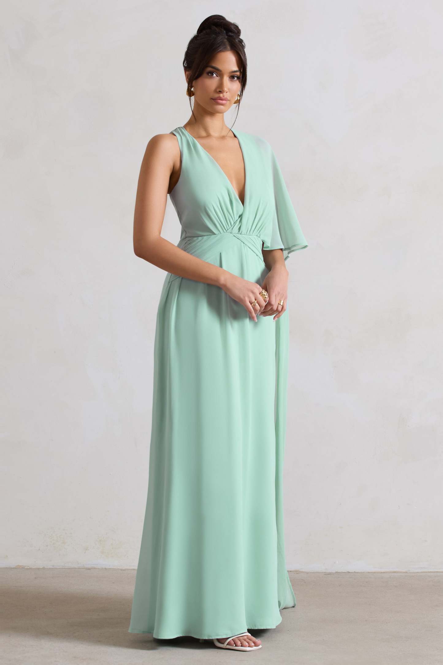Fairytale Sage Plunge-Neck Chiffon Maxi Dress With Cape Sleeve-Fashionmomo.All Rights Reserved
