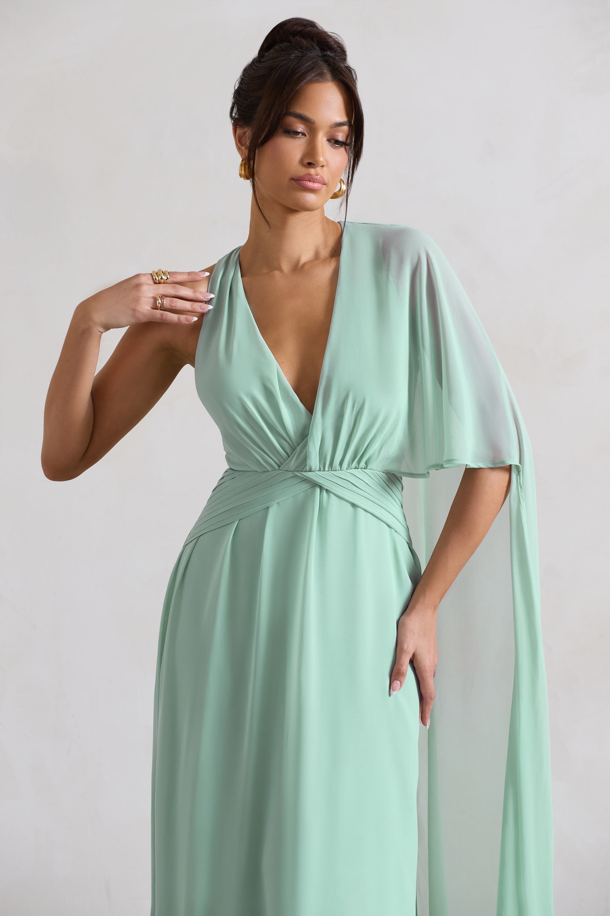 Fairytale Sage Plunge-Neck Chiffon Maxi Dress With Cape Sleeve-Fashionmomo.All Rights Reserved
