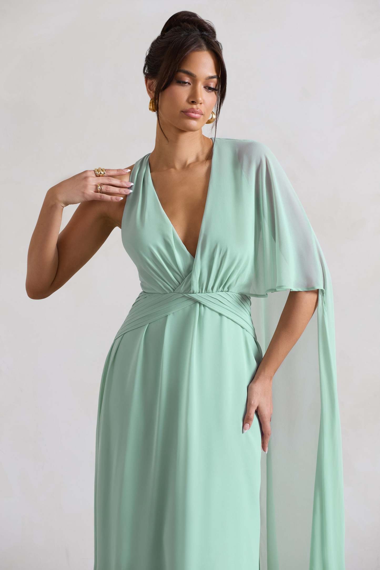 Fairytale Sage Plunge-Neck Chiffon Maxi Dress With Cape Sleeve-Fashionmomo.All Rights Reserved