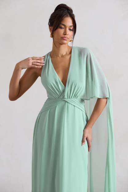 Fairytale Sage Plunge-Neck Chiffon Maxi Dress With Cape Sleeve-Fashionmomo.All Rights Reserved